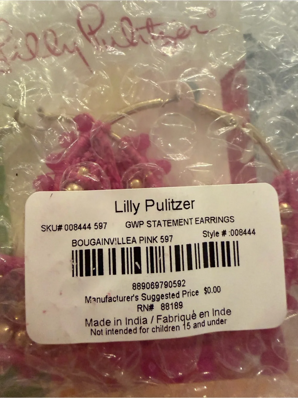 New Lilly Pulitzer Bougainvillea Pink Crochet & Bead Hoop Statement Earrings